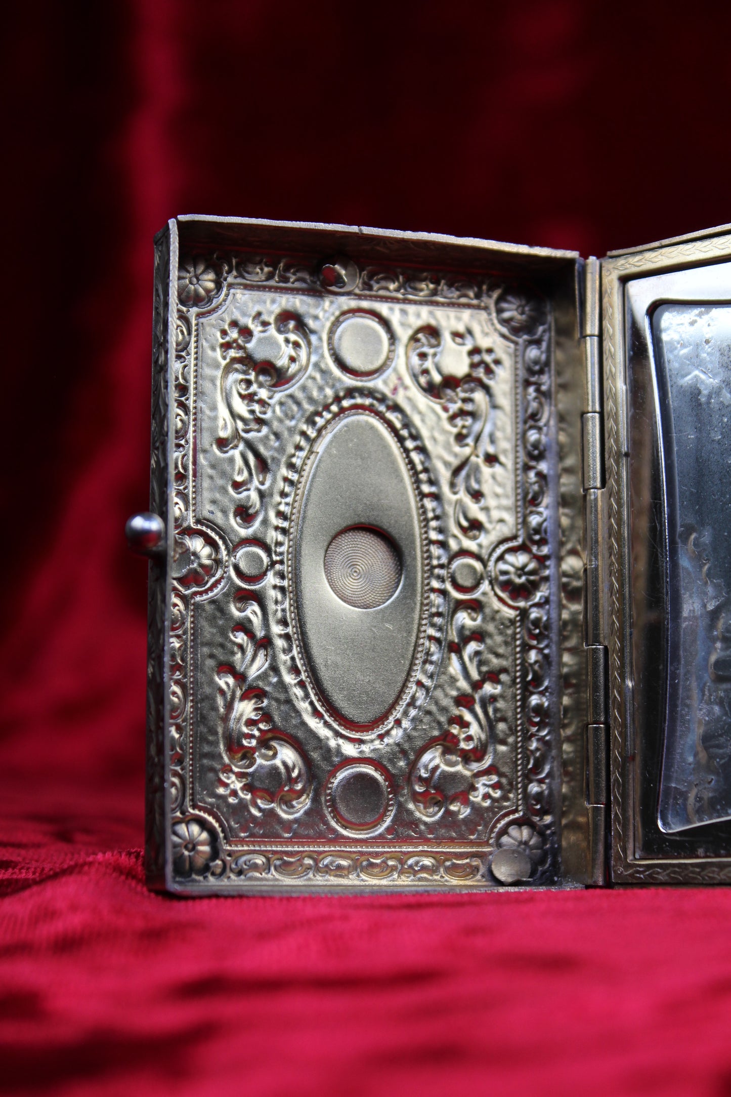 Rare Antique French Guilloché Swan Lake Compact | Jeweled Silver & Brass Vanity Case c.1920s