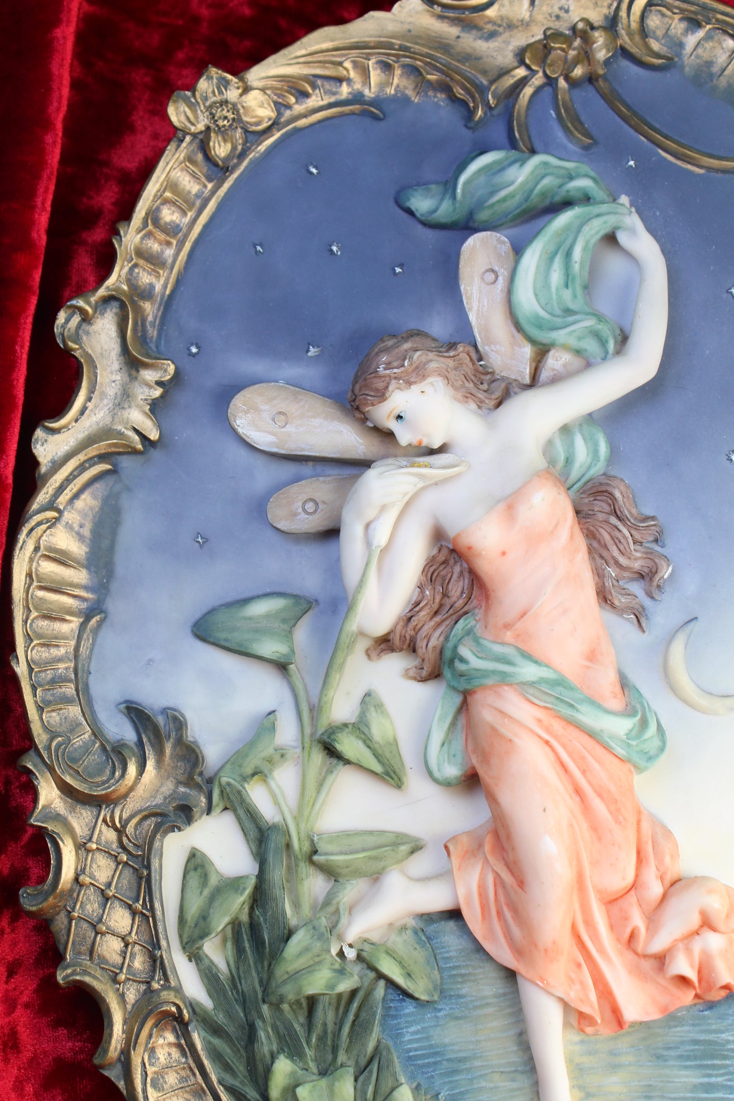 Vintage Night Fairy Wall Plaque – Ornate Gold Frame, Romantic Moonlit Scene 15in