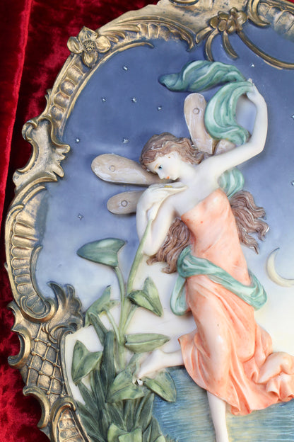 Vintage Night Fairy Wall Plaque – Ornate Gold Frame, Romantic Moonlit Scene 15in