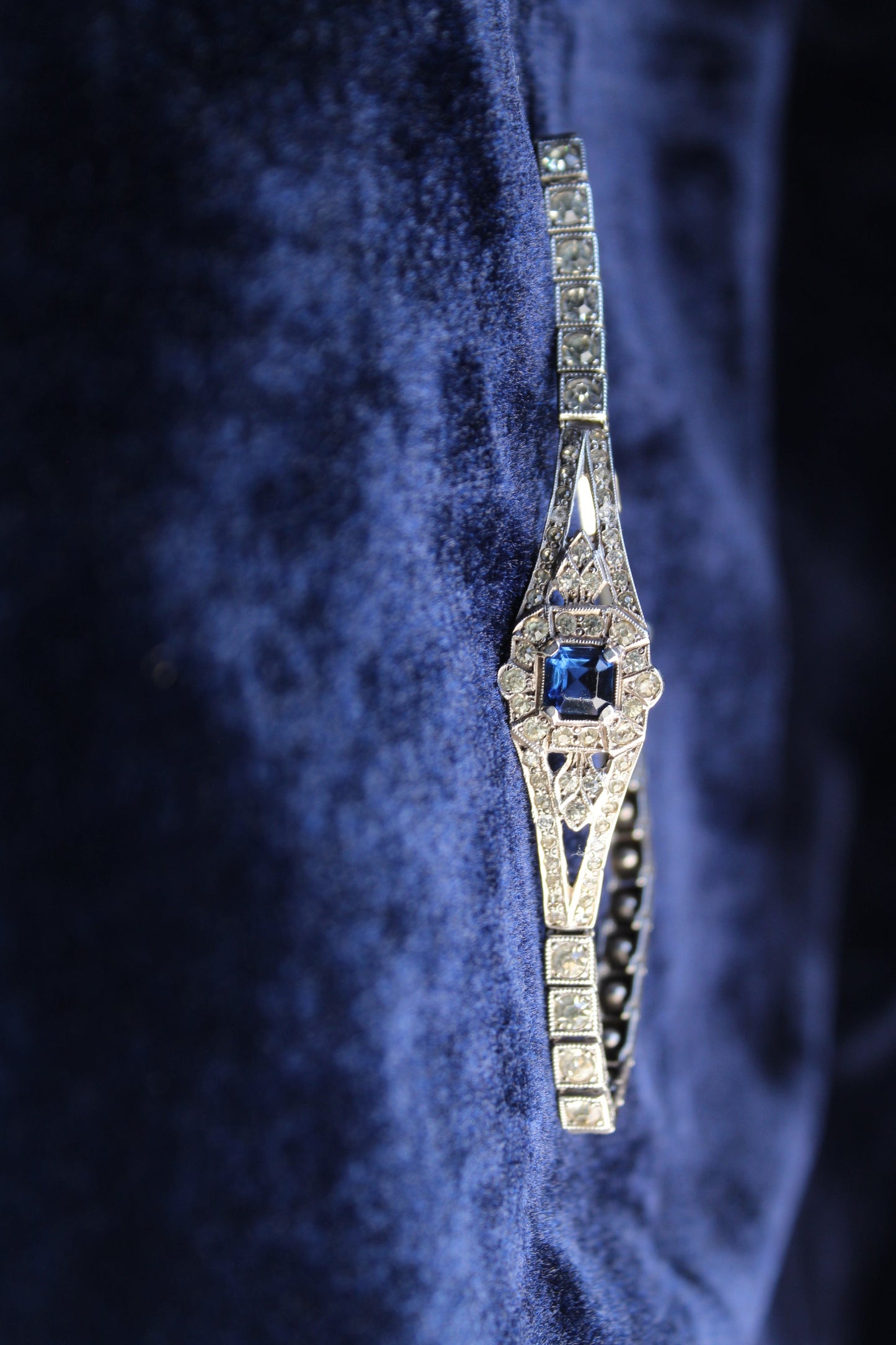 1920s Antique Art Deco Sterling Silver Sapphire Blue Paste Bracelet| French Paste Tennis Bracelet