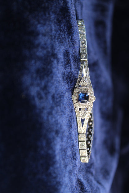 1920s Antique Art Deco Sterling Silver Sapphire Blue Paste Bracelet| French Paste Tennis Bracelet