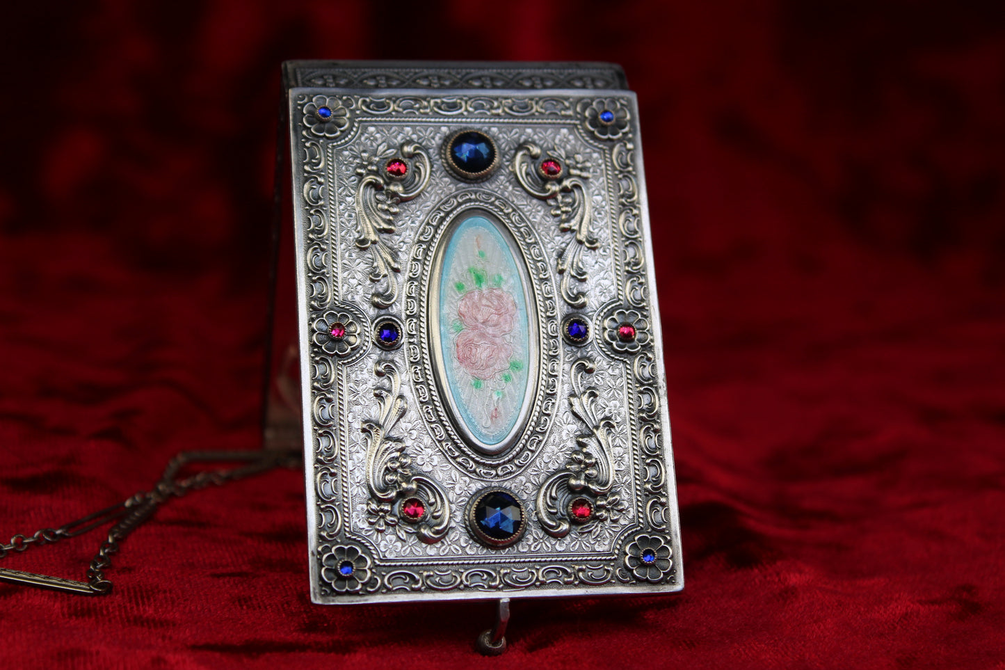 RARE Antique French Sterling Silver Guilloché Enamel Compact | Jeweled Vanity Case c. 1920s–1930s