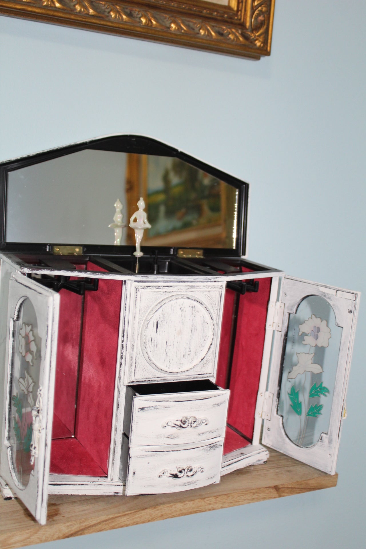 Vintage Shabby Chic Ballerina Music Jewelry box Cabinet | Rare Rotating Ballet Jewelry Armoire