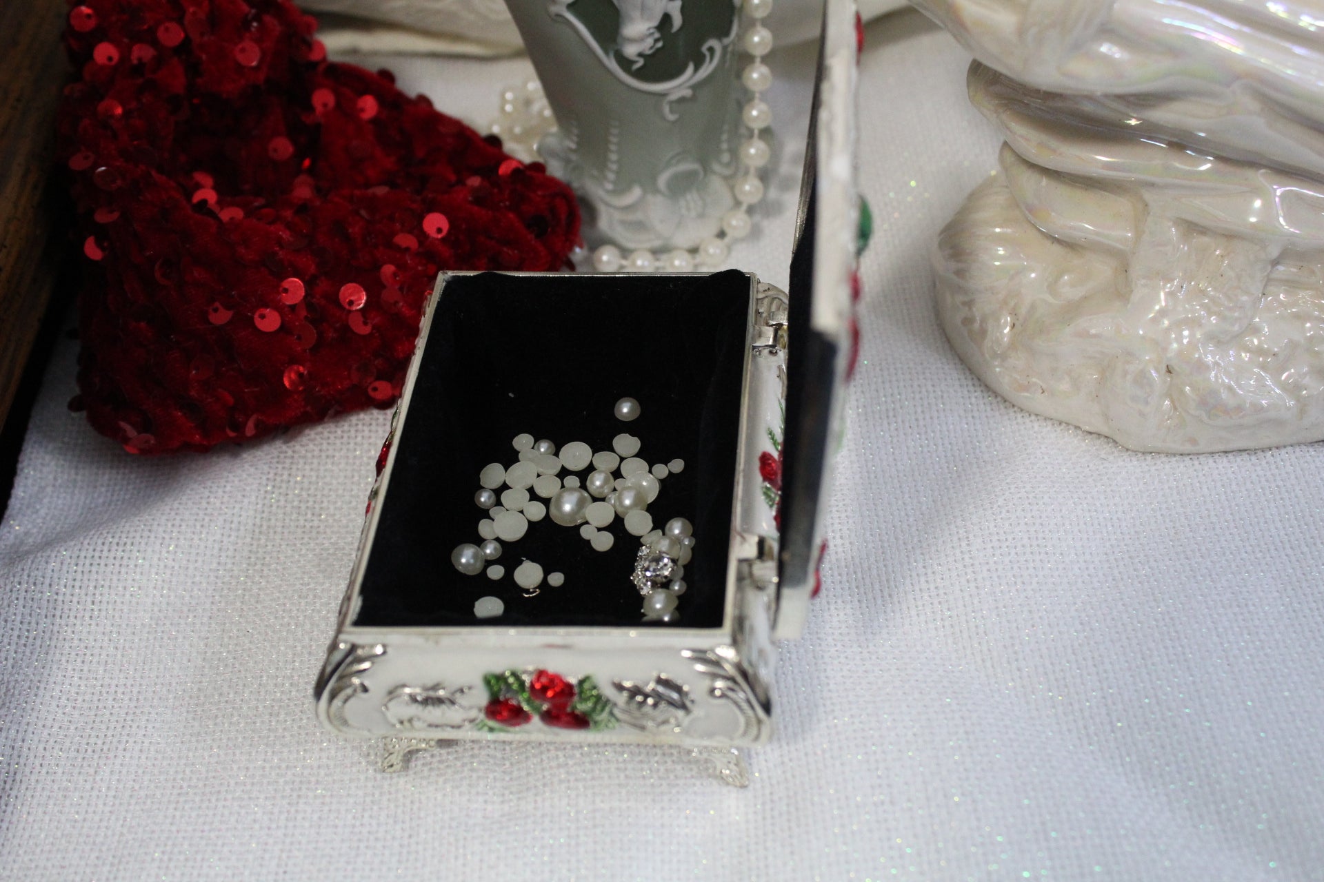 Ornate Floral Trinket Box | Red Roses & Green Crystal Accents