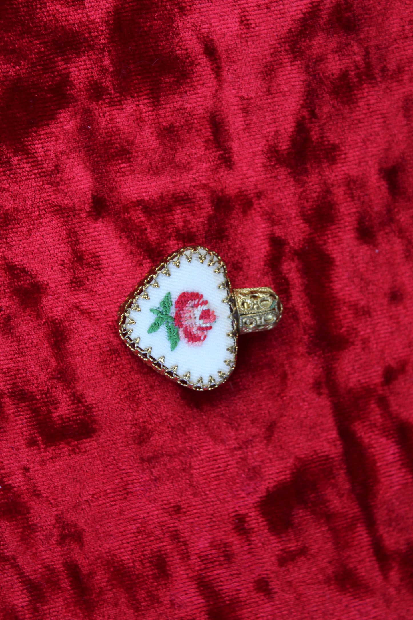 Rare Mini Austrian Heart Perfume Bottle Gold Filigree & Petit Point c. 1930s–1940s