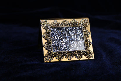 Vintage 1950s Silver Glitter Lucite Filigree Powder Compact