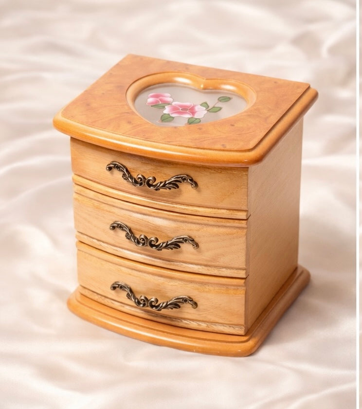 Vintage Wood & Glass Jewelry Chest with Floral Heart Window