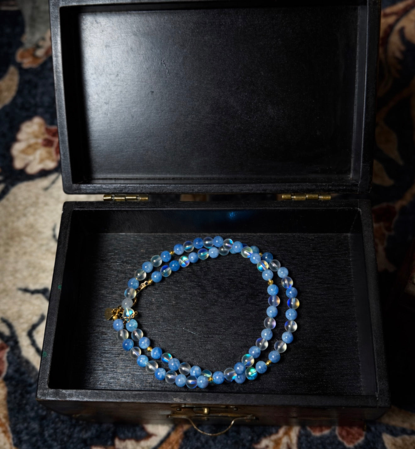 Vela lunar blue jade & clear mystic with hematite necklace
