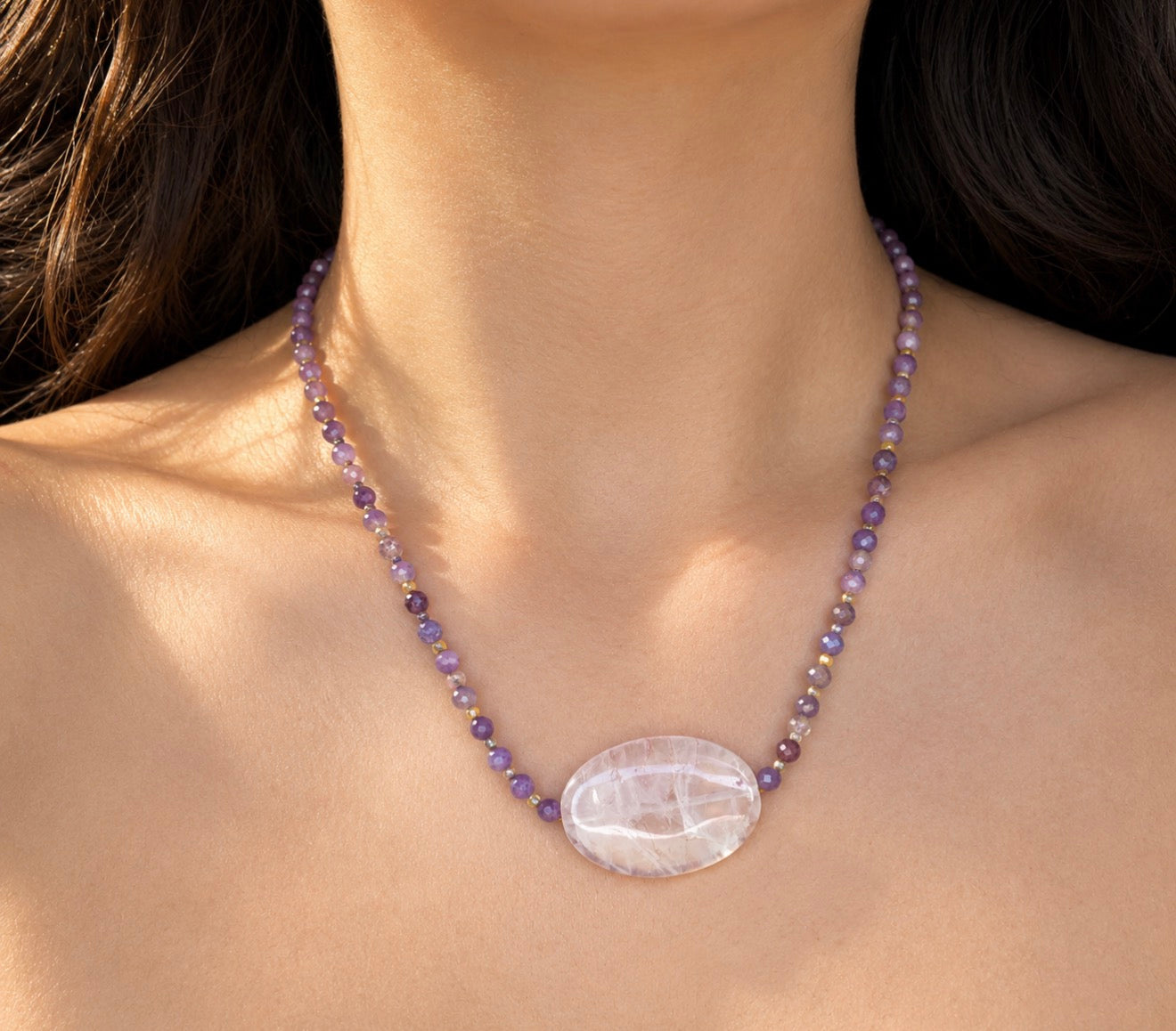 Natural Rose Quartz Cabochon
Phosphosiderite Sunstone and African Yellow Opal Necklace