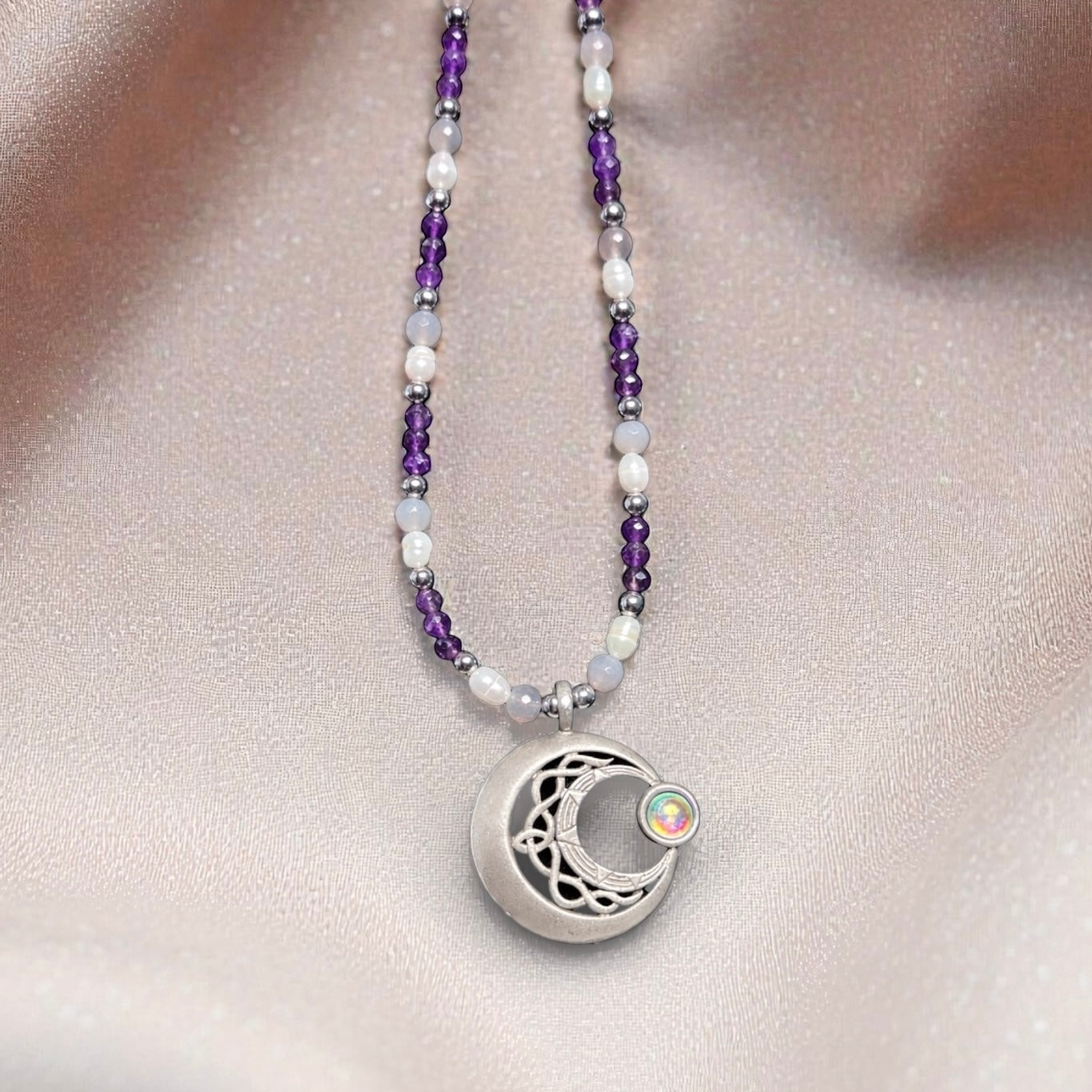 The Priestess Moon natural crystal and freshwater pearl necklace vintage moon pendant