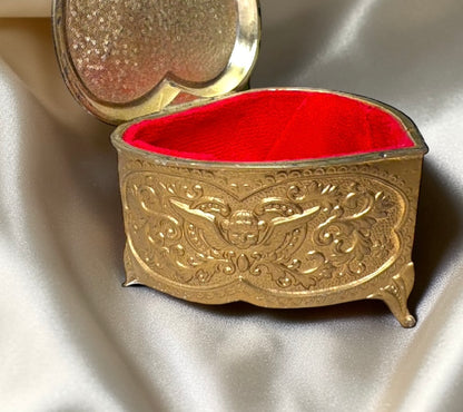 Vintage Heart-Shaped Ornate Jewelry Box | Victorian Brass Keepsake with Red Velvet Lining