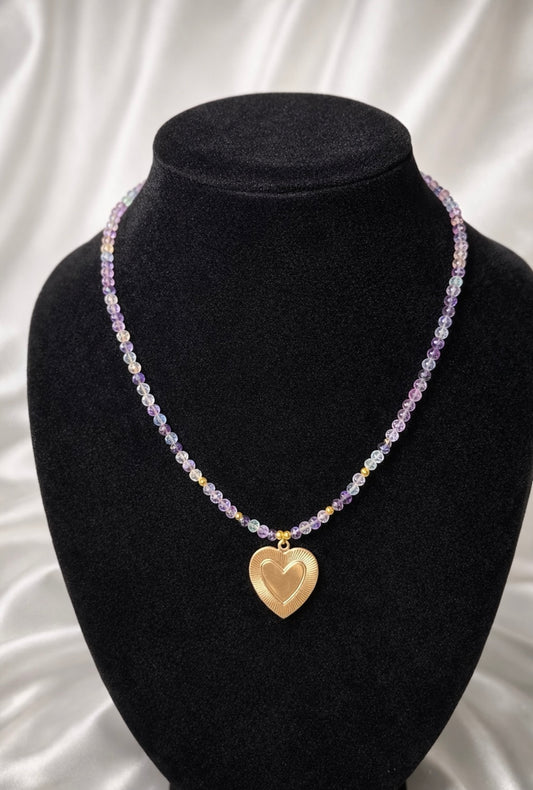 Purple Heart- Rainbow fluorite with vintage brass heart pendant