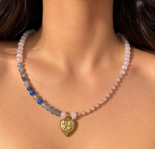 Jaestial Rose Quartz & Blue Aventurine Locket Necklace with vintage brass heart pendant.