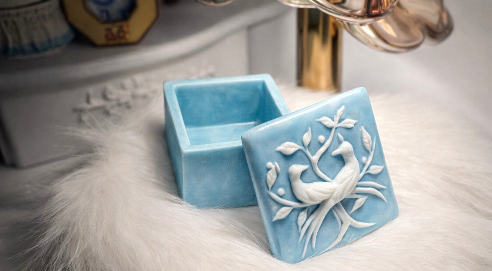 Blue Incolay Stone Lovebirds & Peacocks Vanity Trinket Box