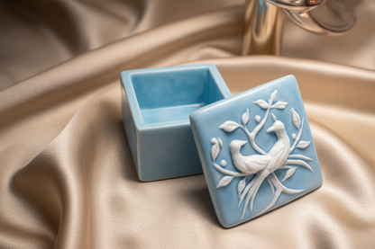 Blue Incolay Stone Lovebirds & Peacocks Vanity Trinket Box