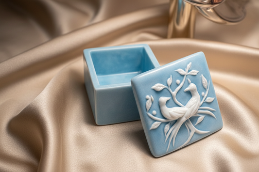 Blue Incolay Stone Lovebirds & Peacocks Vanity Trinket Box