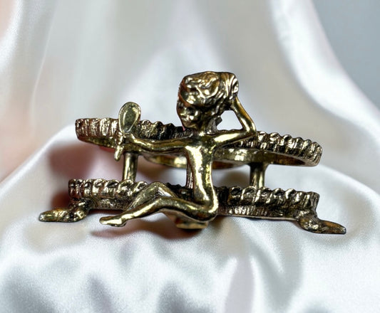 Vintage Figural Lipstick Holder – Girl Holding Mirror, Gold Tone Vanity Stand with Rose Detail
