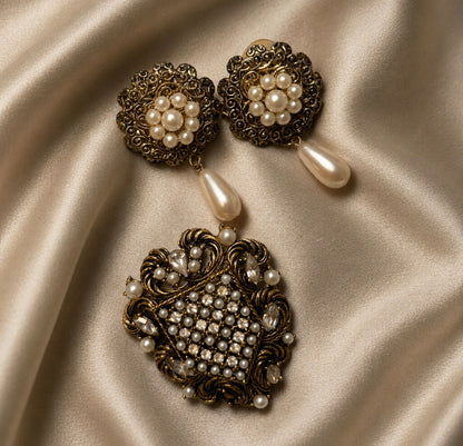 Jaestial 1940s signed brooch and earring set with faux pearls and crystals.