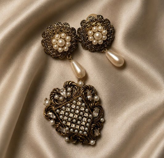Jaestial 1940s signed brooch and earring set with faux pearls and crystals.