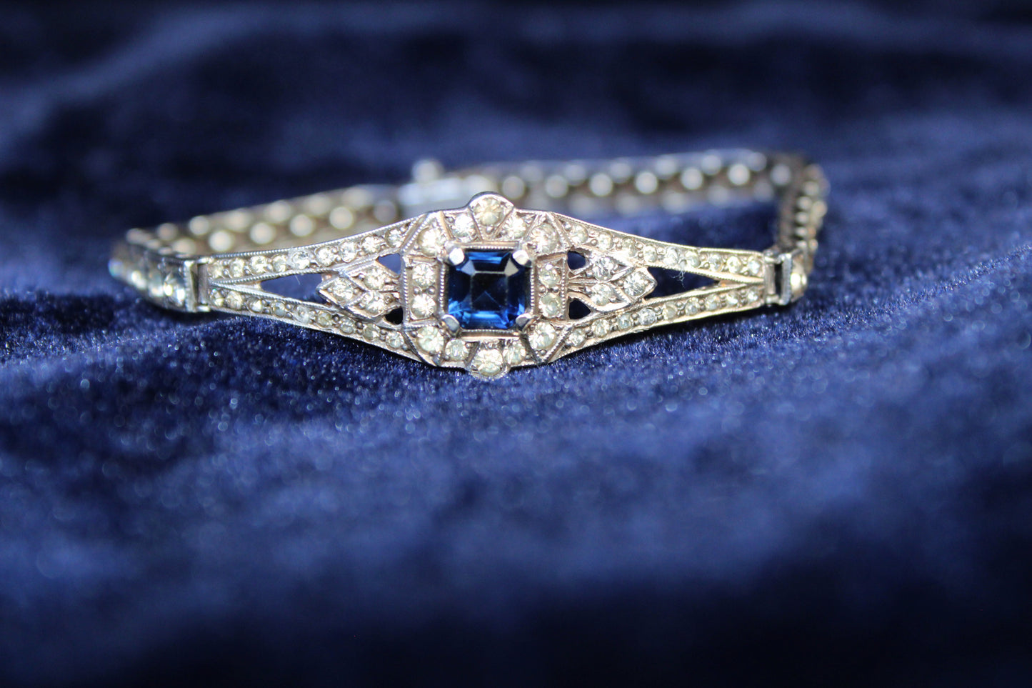 1920s Antique Art Deco Sterling Silver Sapphire Blue Paste Bracelet| French Paste Tennis Bracelet