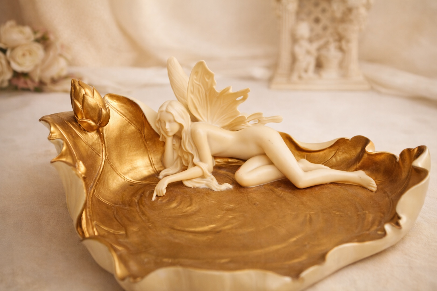 Vintage whimsical Fairy Leaf Dish Gold & Ivory Fantasy Decorative Bowl