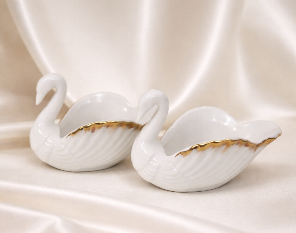 Swan Princess Porcelain Swan Pair with Gold Trim | Romantic Figurine Set