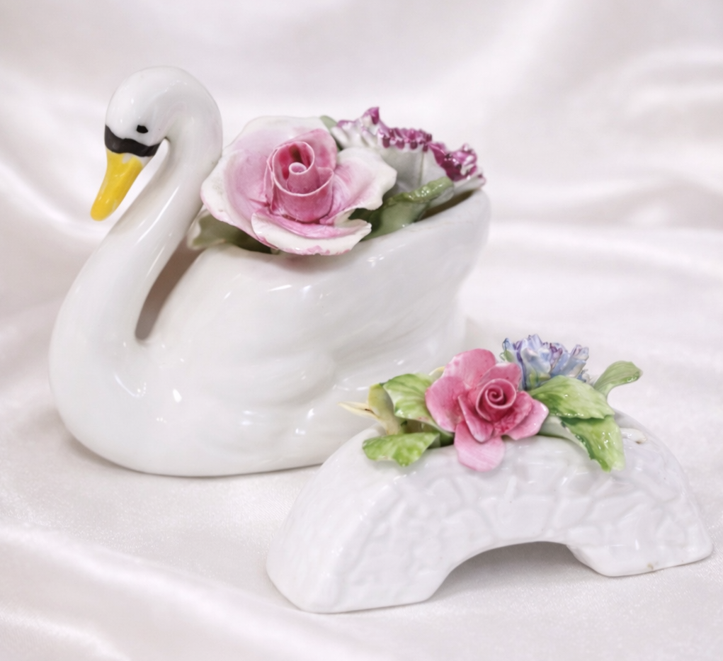 English Porcelain Swan & Floral Bridge Set Romantic Vintage Decor