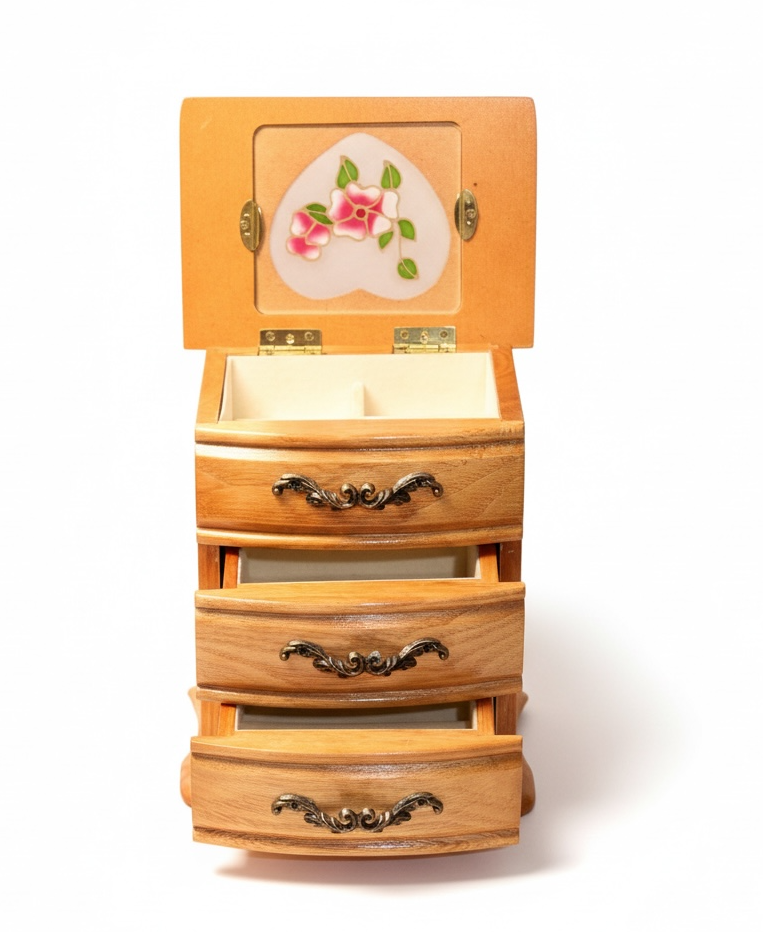 Vintage Wood & Glass Jewelry Chest with Floral Heart Window