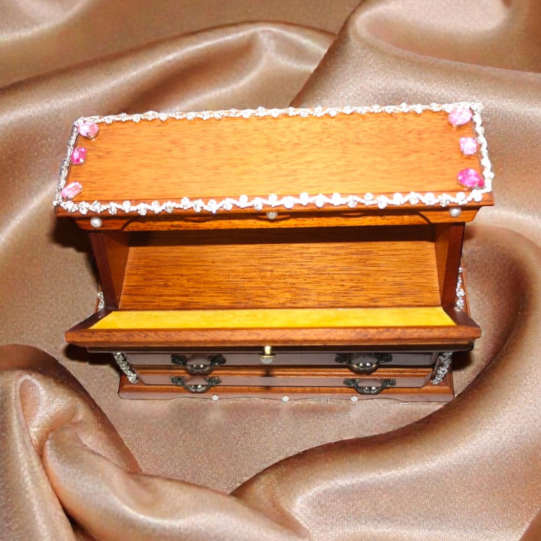 Vintage 1981 French bejeweled Wooden Jewelry box/Music box