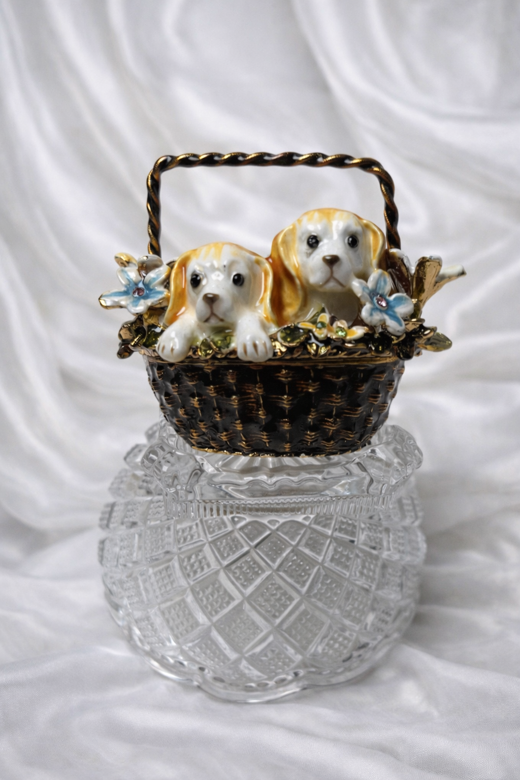 Puppy Basket Jeweled Trinket Box | Rare Collectible Keepsake