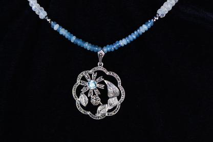 1950s Sterling Silver Santa Maria Aquamarine & Moonstone Handcrafted Necklace