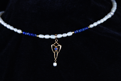 Vintage 10K Gold Lavalier, Lapis Lazuli & Pearl Necklace