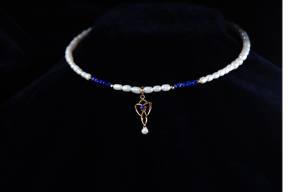 Vintage 10K Gold Lavalier, Lapis Lazuli & Pearl Necklace