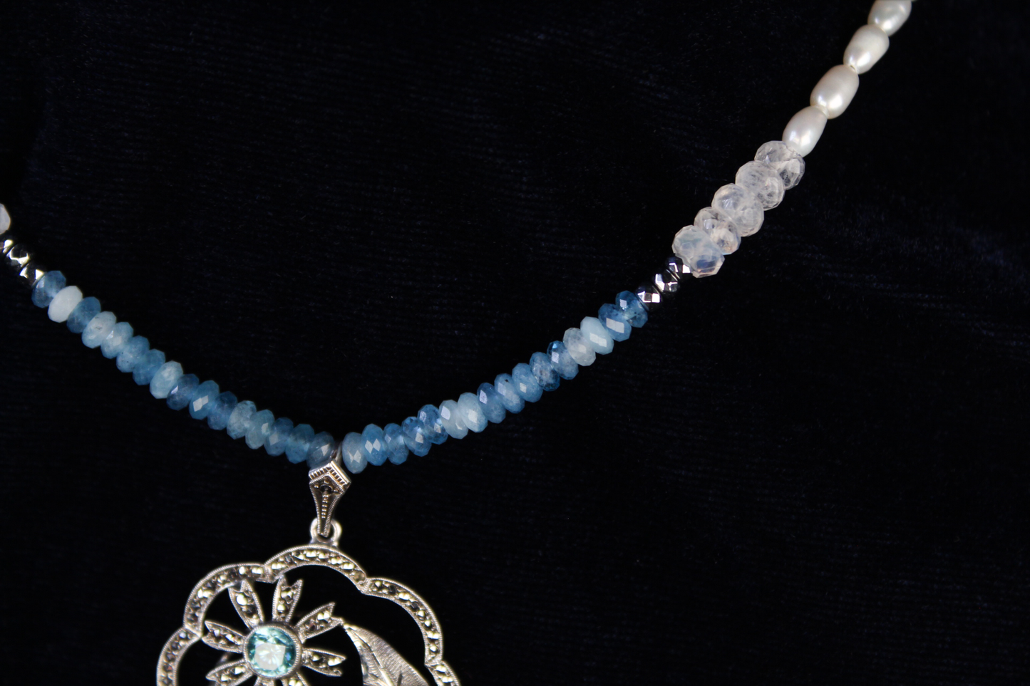 1950s Sterling Silver Santa Maria Aquamarine & Moonstone Handcrafted Necklace