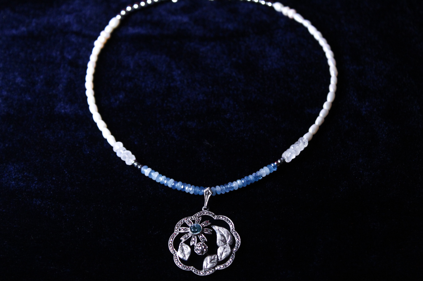 1950s Sterling Silver Santa Maria Aquamarine & Moonstone Handcrafted Necklace