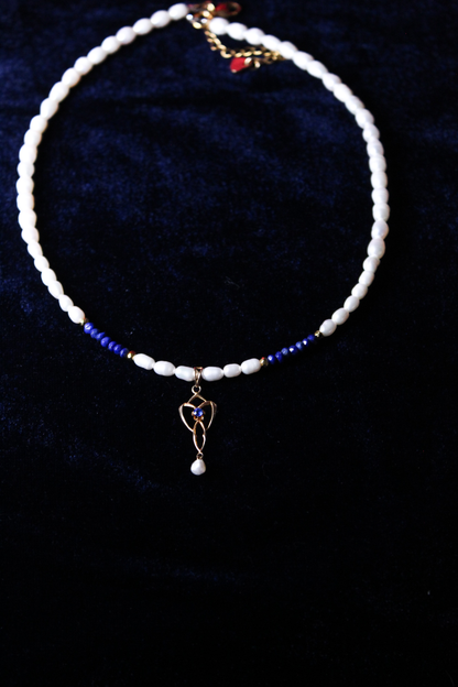 Vintage 10K Gold Lavalier, Lapis Lazuli & Pearl Necklace