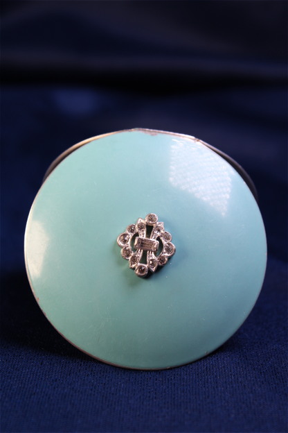 Vintage Volupte Turquoise Blue Powder Compact | Rhinestone Accent | Art Deco Style | 1950s Vanity