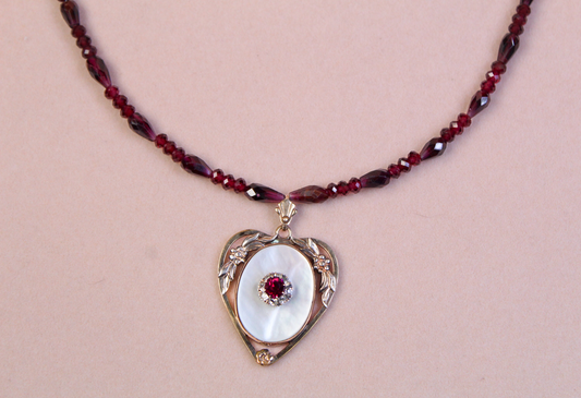 1940s Gold Vermeil Mother-of-Pearl Heart necklace with Garnet & Moonstone