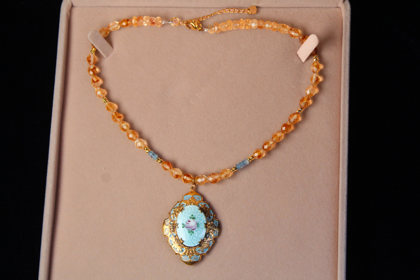 1930s Guilloché Floral Locket Necklace | Handcrafted Citrine & Santa Maria Aquamarine Crystal Beads | 18”