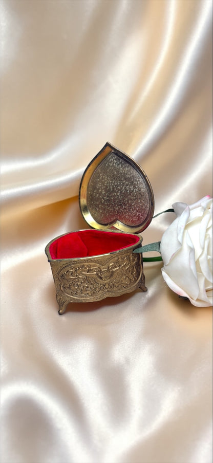 Vintage Heart-Shaped Ornate Jewelry Box | Victorian Brass Keepsake with Red Velvet Lining