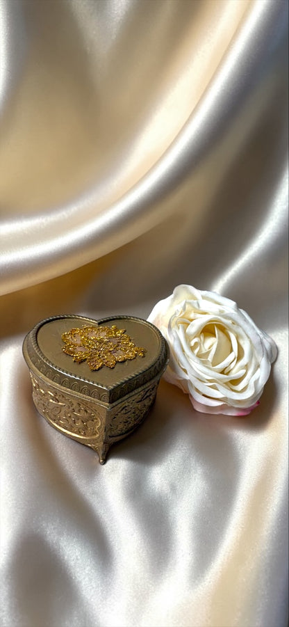 Vintage Heart-Shaped Ornate Jewelry Box | Victorian Brass Keepsake with Red Velvet Lining
