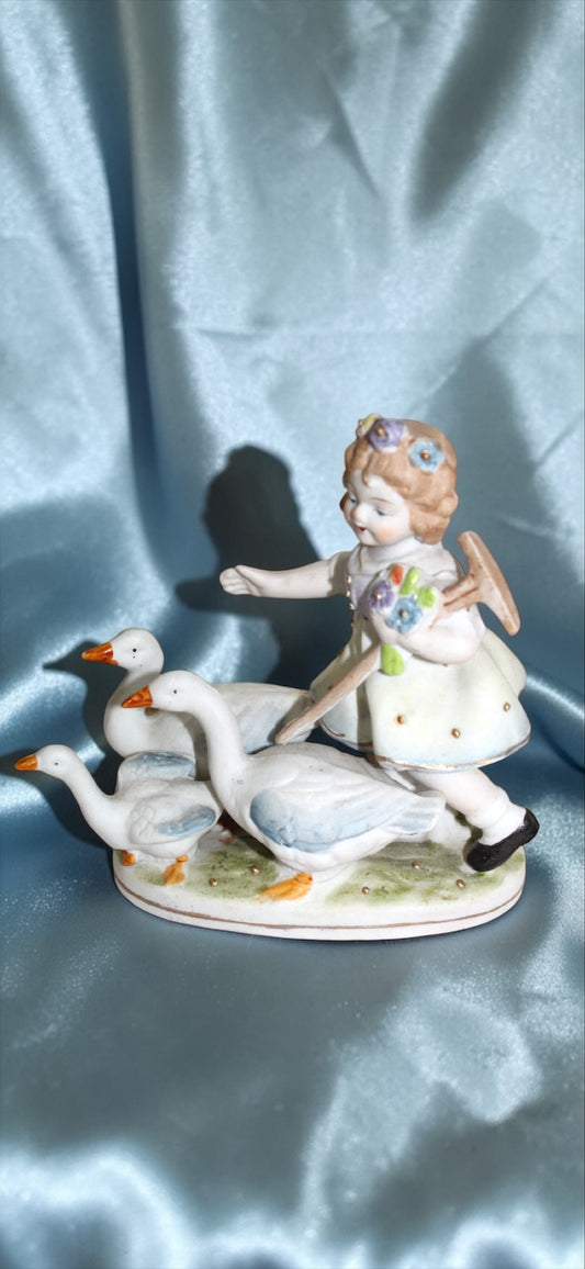 Vintage 1950s Cottage core|Girl with Geese Figurine | Pastoral Decorative Scene