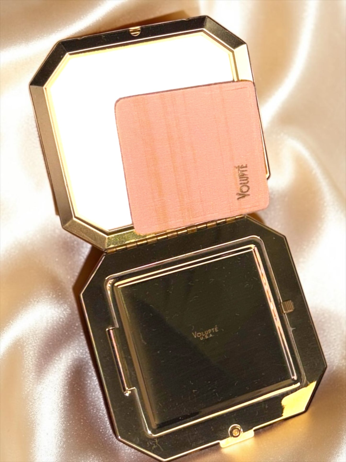 1940s Volupte Compact – New Old Stock in Box, Rhinestone Clasp, Unused with Original Ad Insert