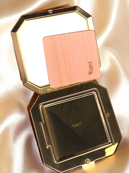 1940s Volupte Compact – New Old Stock in Box, Rhinestone Clasp, Unused with Original Ad Insert