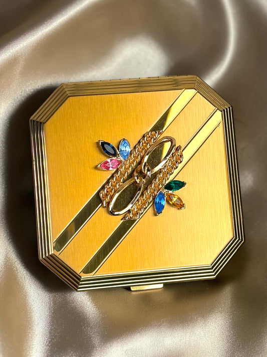 1940s Volupte Compact – New Old Stock in Box, Rhinestone Clasp, Unused with Original Ad Insert