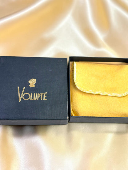 1940s Volupte Compact – New Old Stock in Box, Rhinestone Clasp, Unused with Original Ad Insert