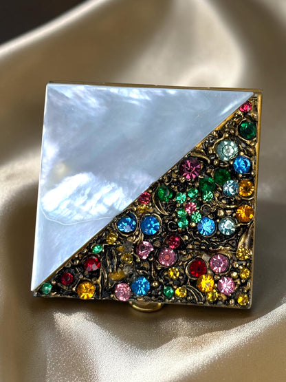 Vintage 1940s Mother of Pearl & Rhinestone Compact – Gold Filigree Powder Case / Trinket Box