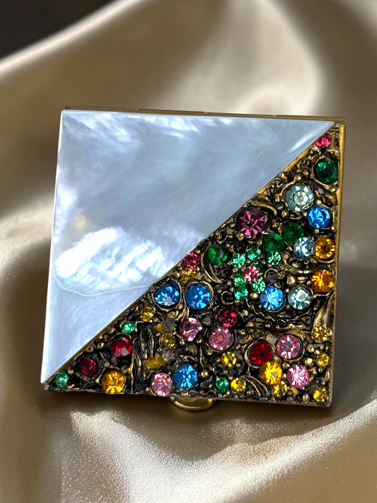 Vintage 1940s Mother of Pearl & Rhinestone Compact – Gold Filigree Powder Case / Trinket Box