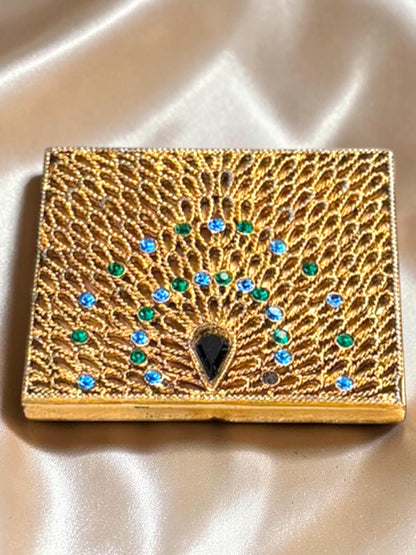 Vintage 1940s Ornate Gold-Tone Compact | Filigree Peacock Design | Rhinestone Detail | Powder Compact / Trinket Box