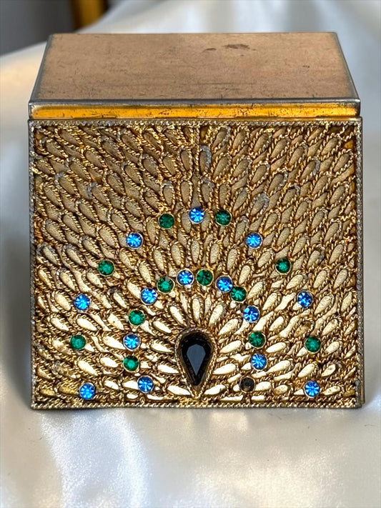 Vintage 1940s Ornate Gold-Tone Compact | Filigree Peacock Design | Rhinestone Detail | Powder Compact / Trinket Box